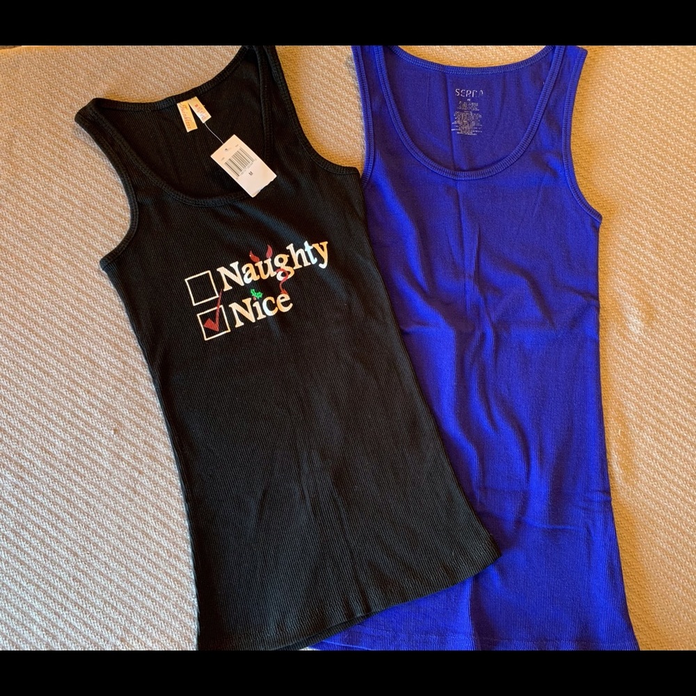 2 Tanks: Black Christmas "Naughty/Nice" Graphic & Blue Ribbed